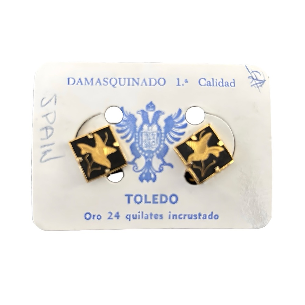 Vintage Toledo Damascene Clip Earrings | 24K Gold Inlay | Bird Motif | Spain